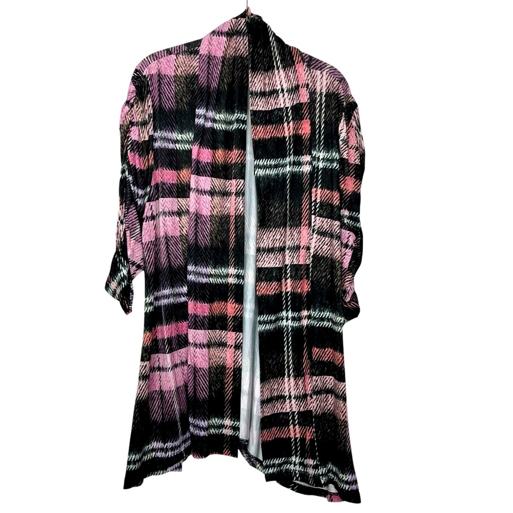 Lily by Firmiana Open Front Cardigan Black White Pink Size 1X NWT Plaid